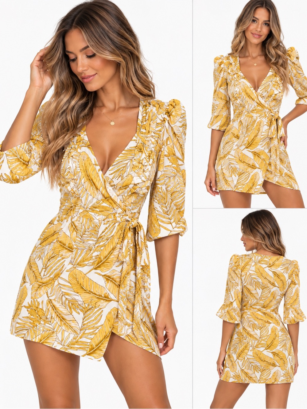 Yellow Leaf-Print Wrap Dress - Women M
